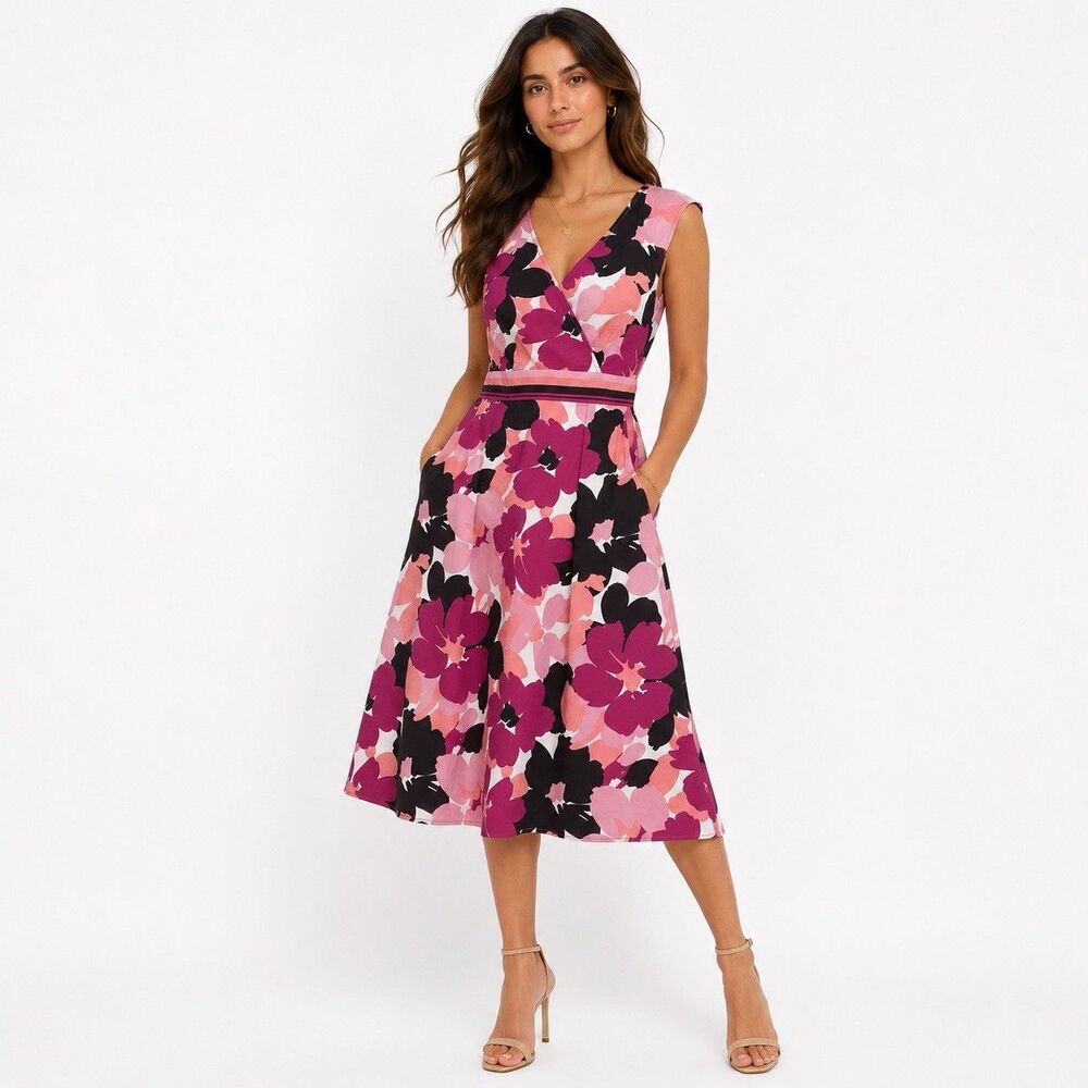 Croft & Barrow  V-Neck Pink Floral & Flarel Dress Women Size 12 Pockets Stretchy